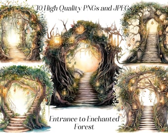 May include: A digital illustration of ten different entrances to an enchanted forest. Each entrance is a unique archway made of trees and vines, with a set of stone steps leading into the forest. The archways are lit by glowing lanterns and the forest is filled with lush greenery.