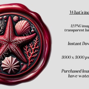 May include: A red wax seal with a black background featuring a red starfish, coral, and seashells. The seal is 3000 x 3000 pixels at 300 DPI.