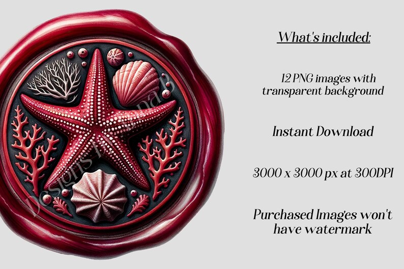 May include: A red wax seal with a black background featuring a red starfish, coral, and seashells. The seal is 3000 x 3000 pixels at 300 DPI.
