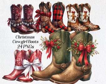 Christmas Cowgirl Boots Clipart: Watercolor Western PNGs (Digital Download)