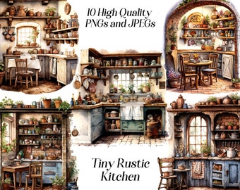 Watercolor Rustic Kitchen Clipart: Cottagecore Farmhouse (JPEG, PNG)