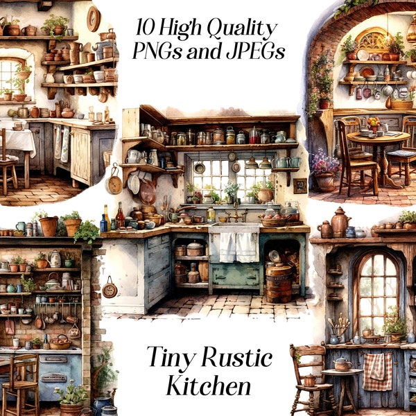 Watercolor rustic kitchen clipart, 10 high quality JPEG and PNG files, cottagecore, farmhouse decor, cooking clipart, printable graphics