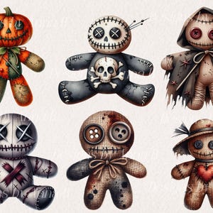 May include: Six Halloween-themed voodoo dolls with various features, including a pumpkin head, a skull, buttons, and a heart. The dolls are made of fabric and have a distressed, vintage look.