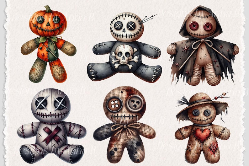May include: Six Halloween-themed voodoo dolls with various features, including a pumpkin head, a skull, buttons, and a heart. The dolls are made of fabric and have a distressed, vintage look.