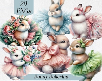 Clipart acquerello di coniglietto e ballerina, arte per bambini (download digitale)