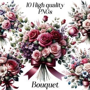 Clipart de buquê, clipart de buquê de rosas em aquarela, png, flores de aniversário, florais amarrados, dia das mães, dia dos namorados, gráficos para impressão
