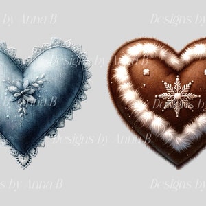May include: Two heart-shaped decorations, one blue with lace trim and a floral design, the other brown with white fur trim and a snowflake design.