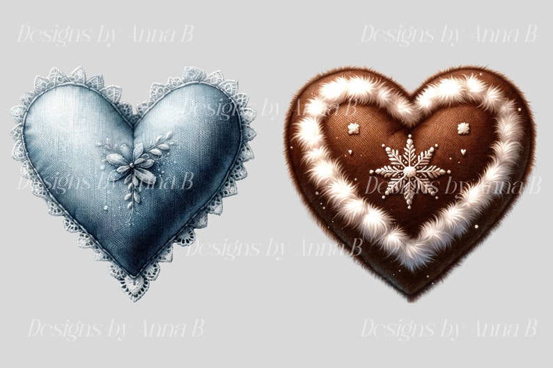 May include: Two heart-shaped decorations, one blue with lace trim and a floral design, the other brown with white fur trim and a snowflake design.