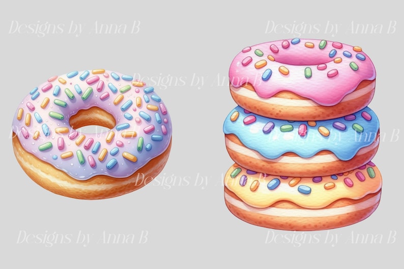 Puede incluir: Dos donuts con chispas de colores. Un donut es morado con chispas rosas y el otro es una pila de tres donuts con glaseado rosa, azul y amarillo.