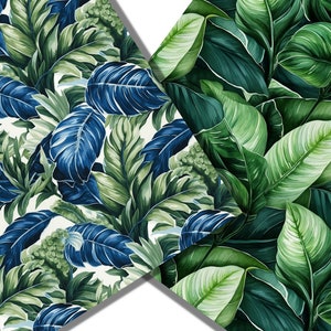 May include: Two seamless patterns featuring tropical leaves in shades of green and blue. The first pattern has a white background and the second pattern has a dark green background.