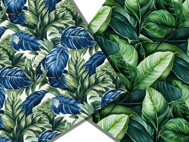 May include: Two seamless patterns featuring tropical leaves in shades of green and blue. The first pattern has a white background and the second pattern has a dark green background.
