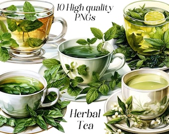 Watercolor Herbal Tea Clipart: 10 PNG Wellbeing Graphics (Digital Download)