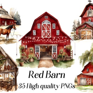 Aquarell Rote Scheune Clipart, 35 hochwertige PNG, ländliche Landschaft, rote Scheune png, Bauernhaus Clipart, druckbare Grafiken