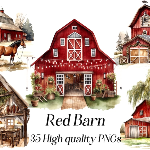 Watercolor Red Barn Clipart, 35 High Quality PNGs, rural landscape, red barn png, farmhouse clipart, printable graphics