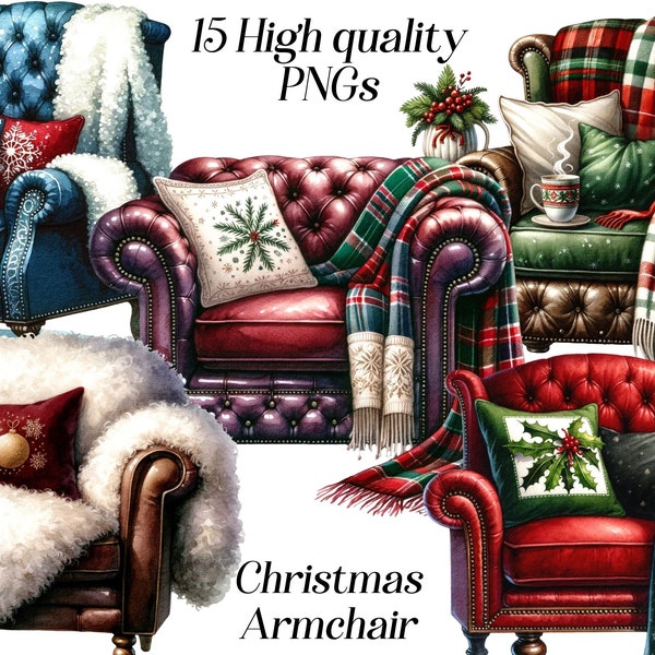 Watercolor Christmas Armchairs clipart, 15 high quality PNG files, Christmas graphics, cozy chair with blanket, winter holidays, printables