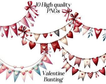 Watercolor Valentine Bunting Clipart: Pink Heart Banner (Digital Download)