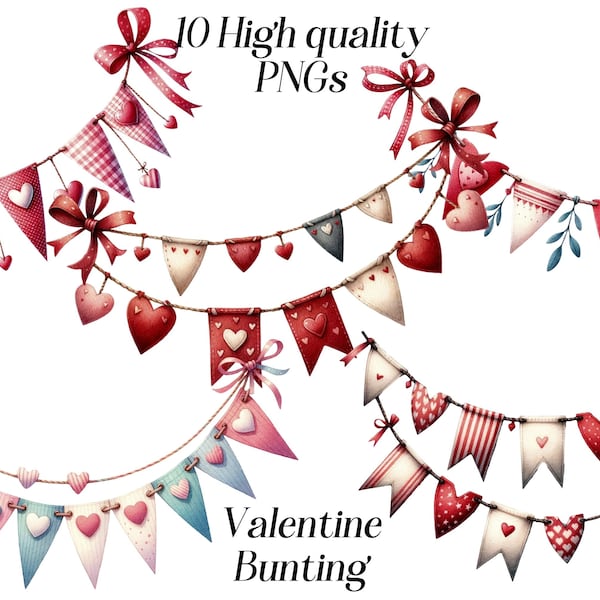 Watercolor Valentine Bunting clipart, 10 high quality PNG files, hearts bunting, love clipart, valentine day, bunting banner, garland