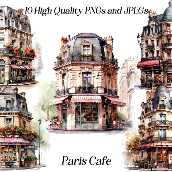 Watercolor Paris cafe clipart, 10 high quality JPEG and PNG files, Parisian travel, French restaurant, cafe front, printable graphics