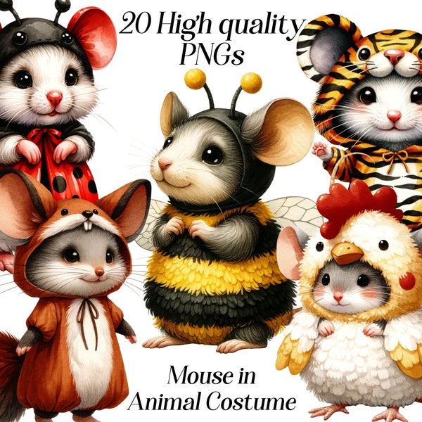 Watercolor Mouse in animal costumes clipart, 20 high quality PNG files, nursery clipart, cute mice, cute animals clipart, printables