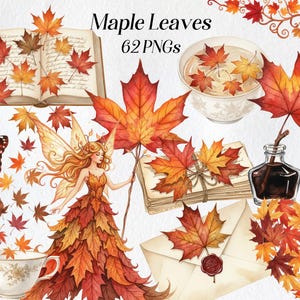 Peut inclure: Illustration à l'aquarelle sur le thème de l'automne. Comprend des feuilles d'érable rouges, oranges et brunes, une fée, une clé ancienne, un papillon et des livres anciens. Le texte "Maple Leaves 62 PNGs" est également présent.