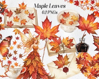 Maple Leaf Watercolor Clipart: Autumn Fairy PNG Bundle (Digital Download)