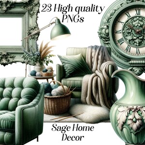 Aquarel salie interieur clipart, 23 hoge kwaliteit png-bestanden, interieur, decoraties, groen matcha gekleurd decor, items voor thuis