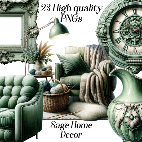 Clipart aquarelle de décoration d'intérieur sauge, 23 fichiers PNG de haute qualité, design d'intérieur, décorations, déco couleur vert matcha, articles pour la maison