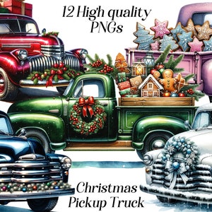 Clipart di camioncino di Natale ad acquerello, 12 file PNG di alta qualità, camion vintage, grafica natalizia, vacanze invernali, stampabili