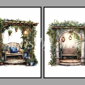 May include: Two watercolor illustrations of garden arbors with benches. The first arbor is made of wood and has a bench with a blue cushion. The second arbor is made of stone and has a wooden bench. Both arbors are covered in greenery and have hanging lanterns.