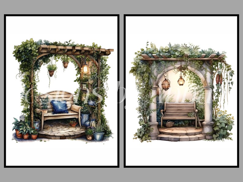 May include: Two watercolor illustrations of garden arbors with benches. The first arbor is made of wood and has a bench with a blue cushion. The second arbor is made of stone and has a wooden bench. Both arbors are covered in greenery and have hanging lanterns.