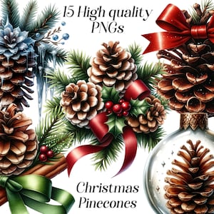 Clipart acquerello pigne di Natale, 15 file PNG di alta qualità, grafica natalizia, clip art invernale, illustrazione di Natale, stampabili