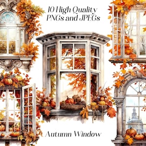 Clipart de janela de outono em aquarela, 10 arquivos JPEG e PNG de alta qualidade, clipart de outono, halloween, clipart sazonal, folhas de outono, imprimíveis