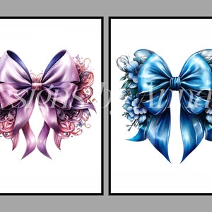 May include: Two decorative bows with floral accents. The bow on the left is purple with pink floral accents. The bow on the right is blue with blue floral accents.