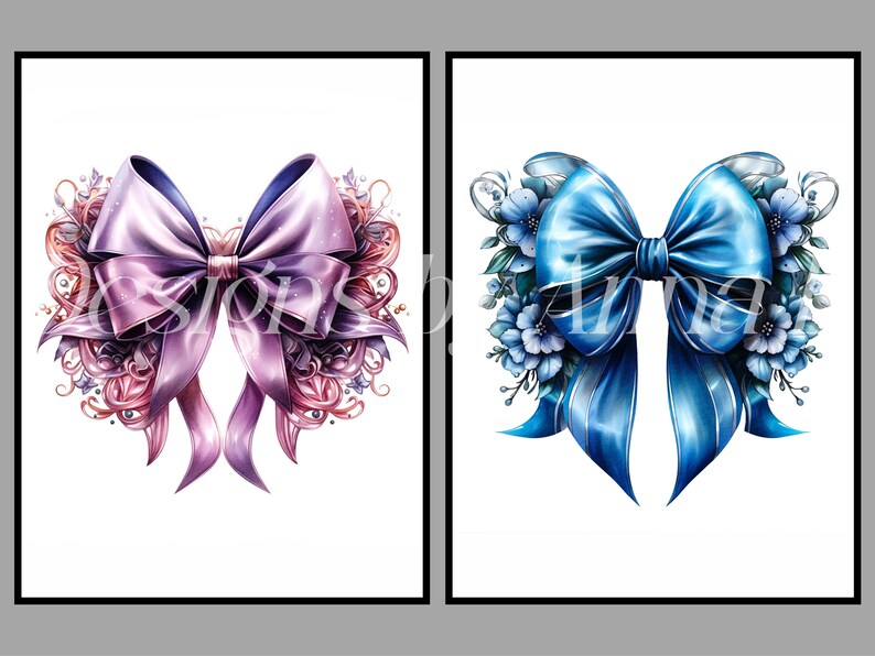 May include: Two decorative bows with floral accents. The bow on the left is purple with pink floral accents. The bow on the right is blue with blue floral accents.