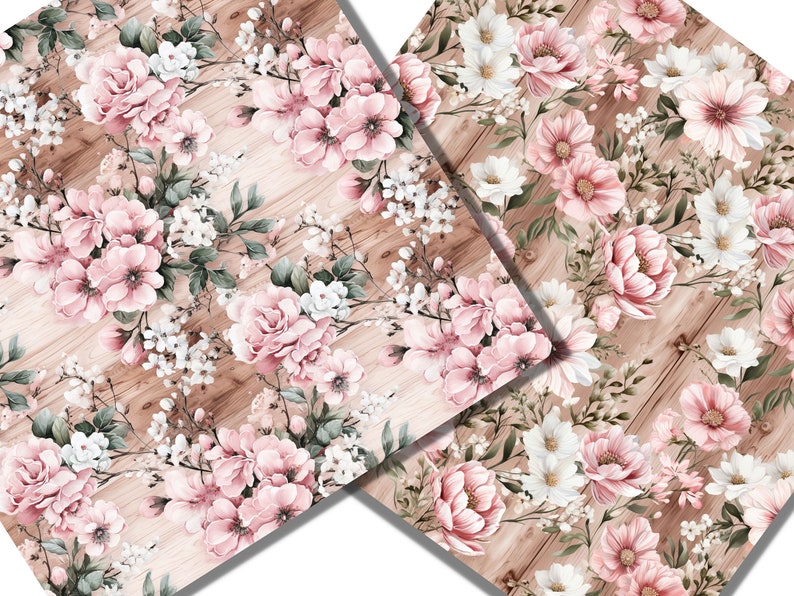Peut inclure: Un motif sans couture repr&eacute;sentant des fleurs roses et blanches sur un fond en bois. Les fleurs sont dispos&eacute;es en un motif r&eacute;p&eacute;titif, certaines fleurs se chevauchant. Le fond en bois est de couleur brun clair.