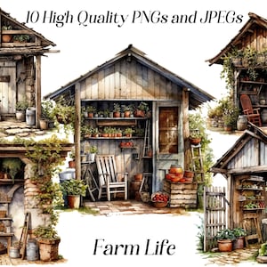 Clipart ferme aquarelle, 10 fichiers JPEG et PNG de haute qualité, ferme rustique, vie à la ferme, clipart cottagecore, clipart jardin, produits imprimables