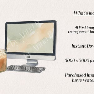 May include: Watercolor illustration of a desktop computer, keyboard, and lit candle in a glass jar. The computer screen displays a soft watercolor design. Text on the right side lists the included items and image details.
