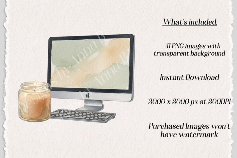 May include: Watercolor illustration of a desktop computer, keyboard, and lit candle in a glass jar. The computer screen displays a soft watercolor design. Text on the right side lists the included items and image details.