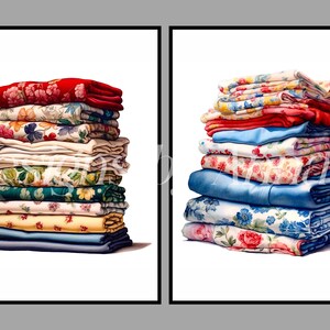 May include: Two stacks of folded fabric in various floral patterns, including red, blue, green, and yellow. The stacks are on a white background.