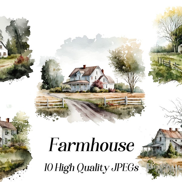 Watercolor Farmhouse landscape clipart, 10 high quality JPEGs, rural landscape, countryside landscape, nature landscape
