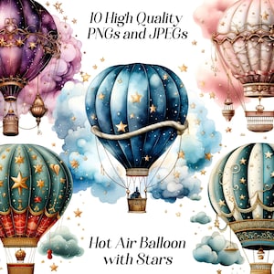 Aquarell Heißluftballons Clipart, 10 hochwertige JPEG- und PNG-Dateien, Reise Clip Art, Kinderzimmer Dekor, Scrapbooking, druckbare Wandkunst