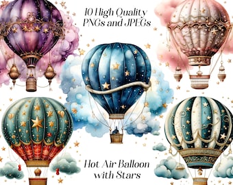 Clipart de globo aerostático en acuarela: Decoración infantil (Descarga digital)