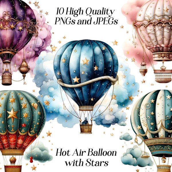 Watercolor hot air balloons clipart, 10 high quality JPEG and PNG files, travel clip art, nursery decor, scrapbooking, printable wall art