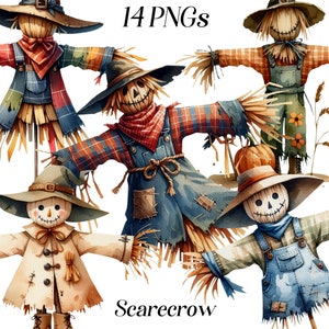 Watercolor scarecrow clipart, 14 PNG files, halloween decor, fall, thanksgiving, cute scarecrow, farm clipart, autumn graphics, printable