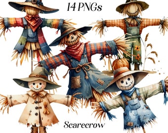 Clipart de espantapájaros en acuarela: Gráficos PNG de Acción de Gracias de otoño (Descarga digital)
