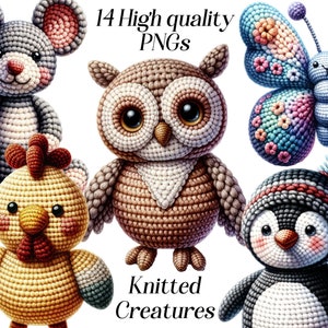 Clipart de criaturas de malha em aquarela, 14 arquivos PNG de alta qualidade, clipart de brinquedos de pelúcia, decoração de berçário, clipart de animais, animais fofos e pássaros