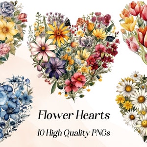 Aquarell Blumen Herz Clipart, 10 hochwertige PNGs, Blumenherzen Png, Herz Blumen, Liebe Herz Png Dateien, kommerzielle Nutzung