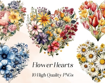 Watercolor Flower Heart clipart, 10 High Quality PNGs, Floral hearts png, Heart Flowers, Love heart png files, Commercial use