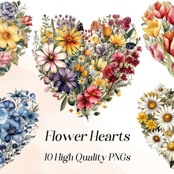 Watercolor Flower Heart clipart, 10 High Quality PNGs, Floral hearts png, Heart Flowers, Love heart png files, Commercial use