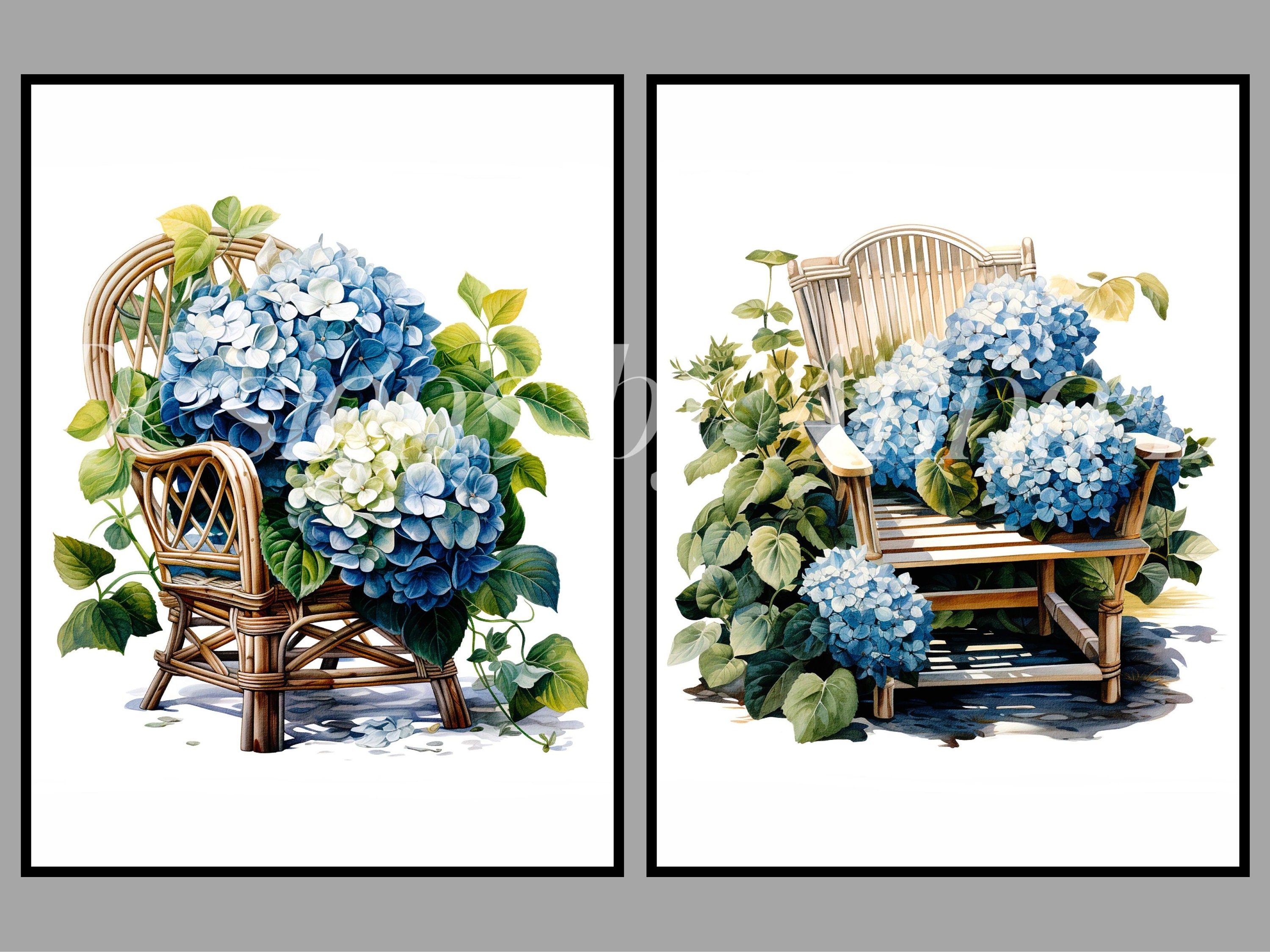 Script Flower Hydrangea Chair Watercolor Chair Clipart: Hydrangea Flowers, Cottagecore Furniture ...
